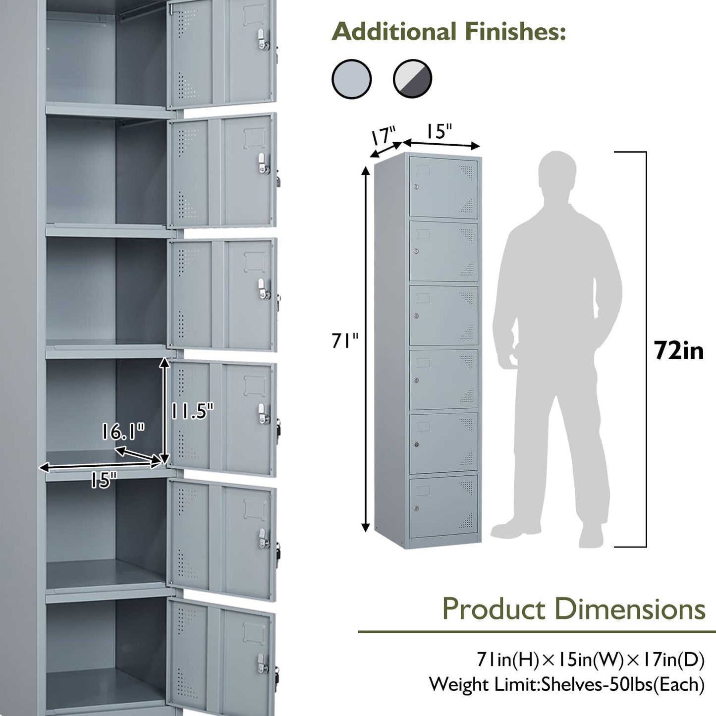 Metal Lockers for Employees - 71" Storage Locker Cabinet Large Employee Lockers with 6 Doors - 6 Tier Steel Lockers for Kids Bedroom, Gym, School, Office, Garage (6 Doors, Grey)