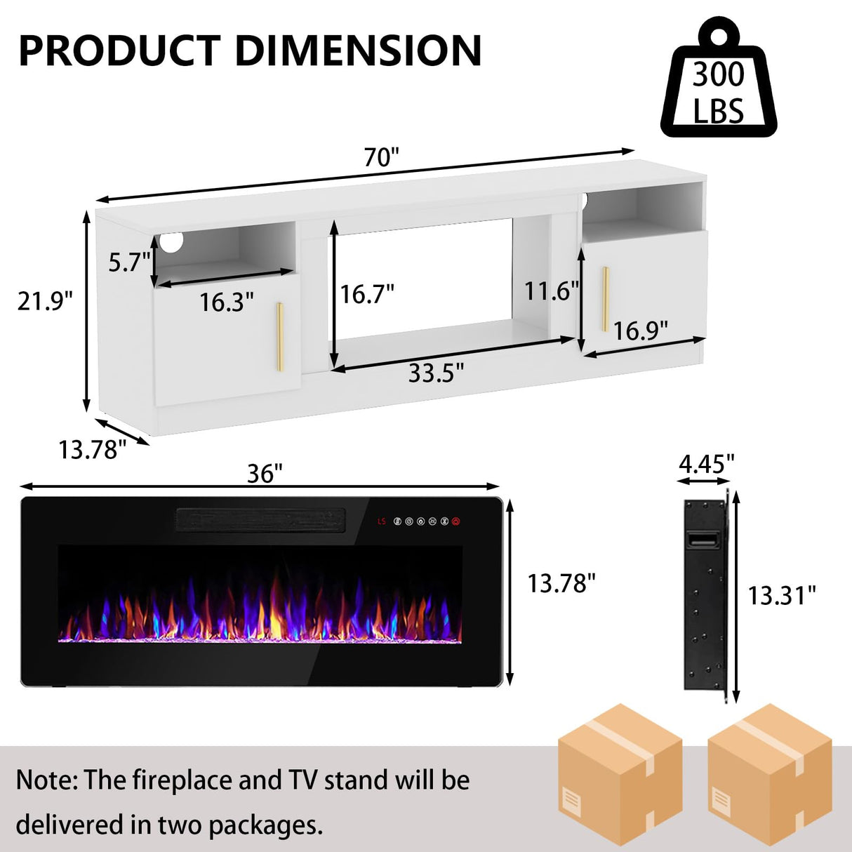 PRETZI Fireplace TV Stand with 36" Fireplace Up to 80" TVs,70" Entertainment Center with LED Lights,Remote Control,TV Media Console with Storage Cabinets for Living Room, White PRETZI