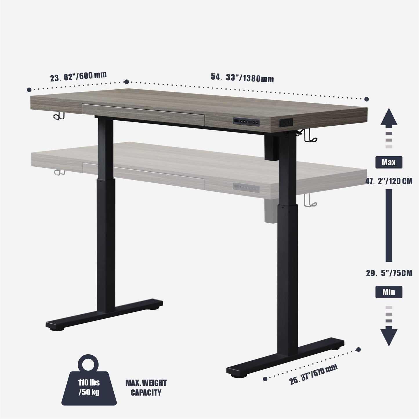 kowo Electric Height Adjustable Standing Desk with Drawer, 55" Home Office Wooden Computer Desk Ergonomic Memory Control Workstation Sit Stand Desk, Grey Oak/Black - WoodArtSupply