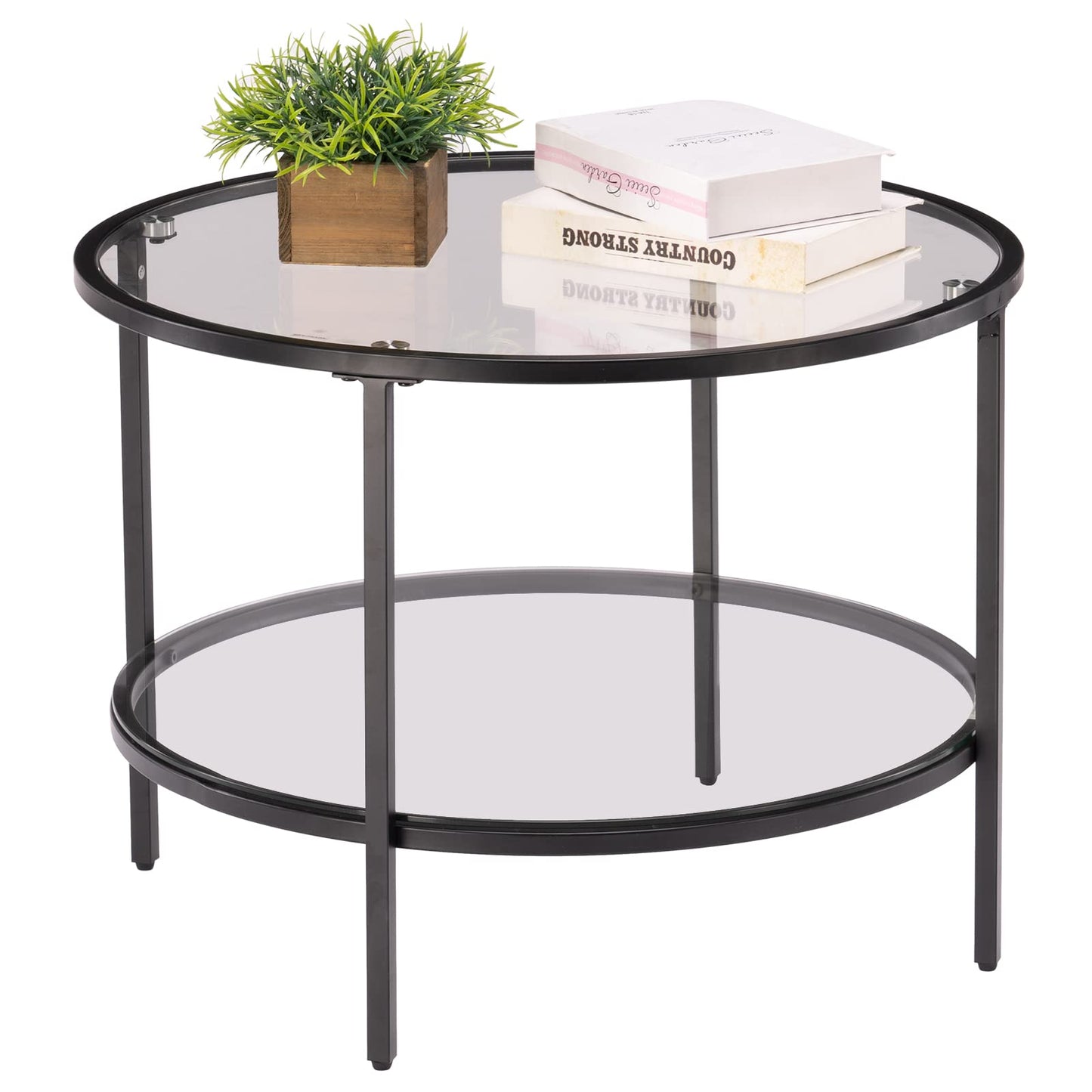 VINGLI 25.6" Round Black Coffee Tables for Living Room, 2-Tier Glass Top Coffee Table with Storage Clear Coffee, Simple & Modern Center Table for Small Space - WoodArtSupply