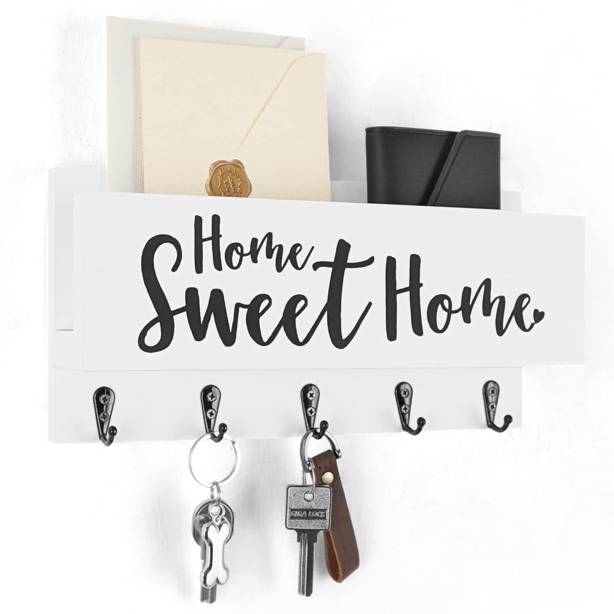 FIPUTE Mail and Key Holder for Wall, Decorative Entryway Organizer Shelf with Hooks for Dog Leash, Sunglasses, Purses, Coats – 100% Solid Wood Key Hanger 11.8” x 5.9” x 3.2” FIPUTE