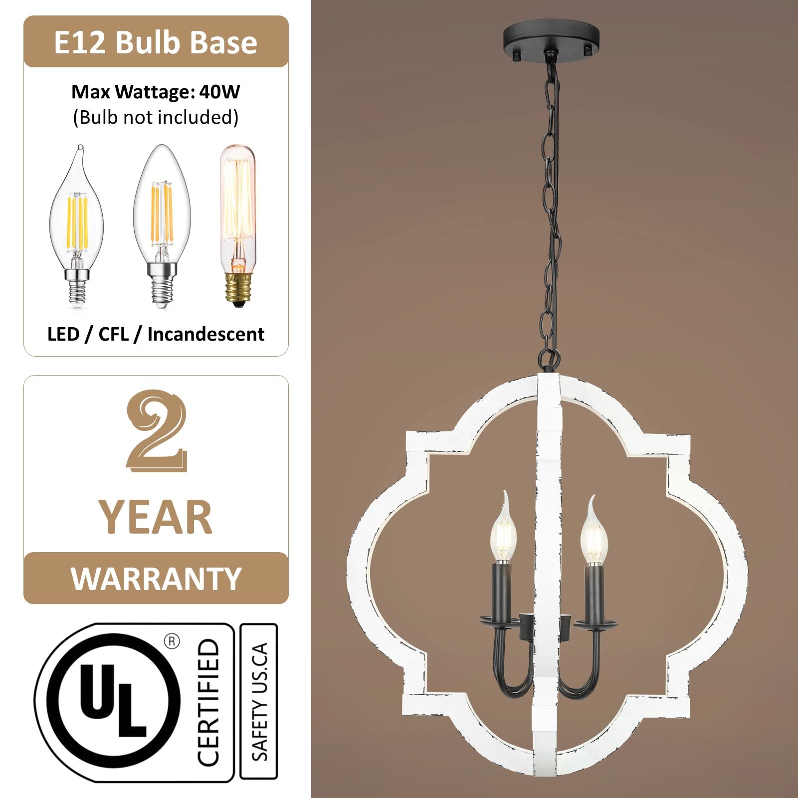 21.7" Farmhouse Wood Chandelier Light Fixture, 4-Light Handmade Distressed White Geometric Hanging Pendant Lighting for Dining Room, Kitchen Island, Entryway, stairwell (Colour: White) - WoodArtSupply