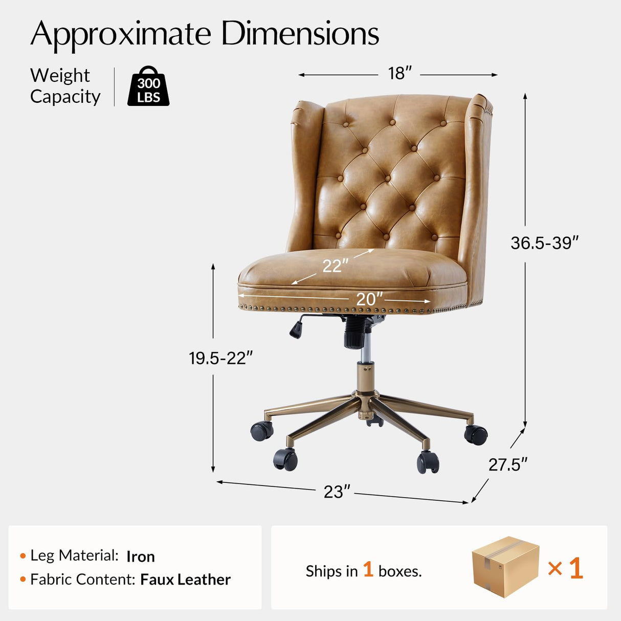 HULALA HOME Modern Faux Leather Desk Chair with Button Tufted Wingback, Adjustable Swivel Computer Chair with Nailhead Trim, Upholstered Task Chair for Home Office, Camel HULALA HOME