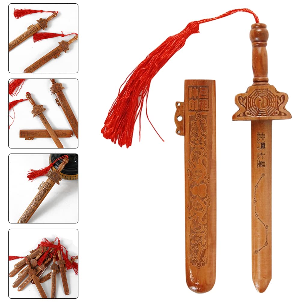 Yardwe Peach Wood Sword Traditional Chinese Wooden Sword Sword Hand-Carved Knife Sword Pendant with Tassel Home Furnishing Feng Shui Protection Amulet for Drive Out Evil Spirits Yardwe