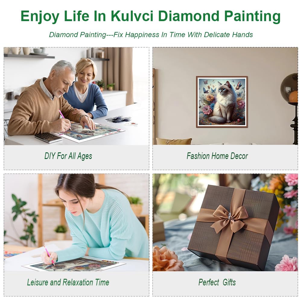 Kulvci Cat Diamond Art Kits for Adults, Diamond Painting Kits for Beginners, DIY 5D Diamond Painting with Round Gem Art Kits for Adults for Gift Home Wall Decor 12x12inch Kulvci