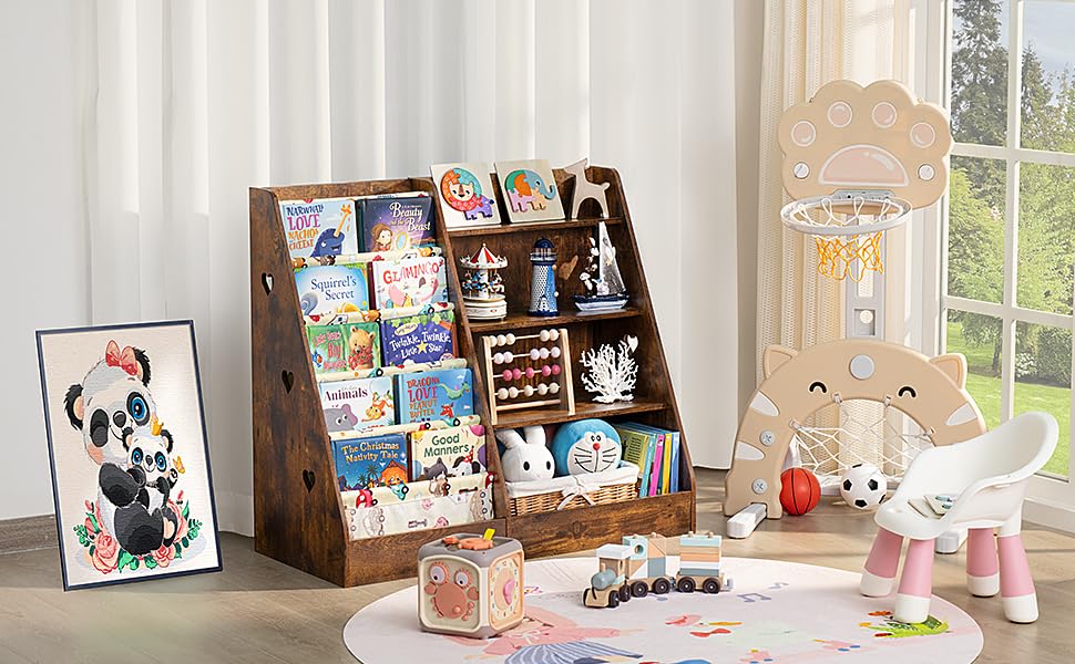 Lerliuo 4 Tier Kids Bookshelf and Storage Organizer, Five Layer Sling Children Bookcase, Baby Toddler Wooden Book Shelf, Display Cabinet for Playroom, Bedroom, Classroom, Nursery, School (Brown) Lerliuo