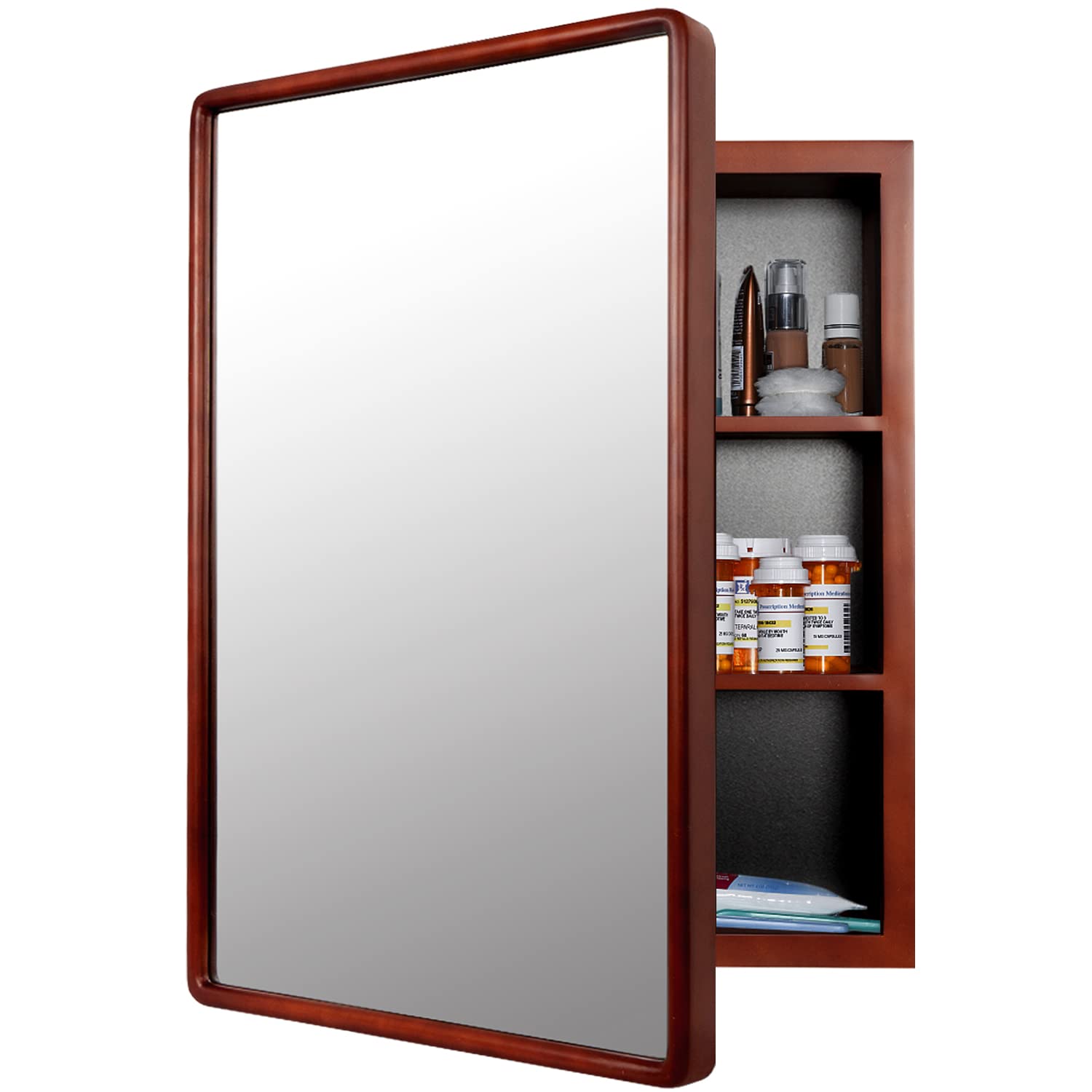 H-A Bathroom Medicine Cabinet with Mirror Solid Wood Framed Bathroom Mirror Cabinet with Storage Wall Mounted Recessed Available 16"x 24" (Brown) - WoodArtSupply