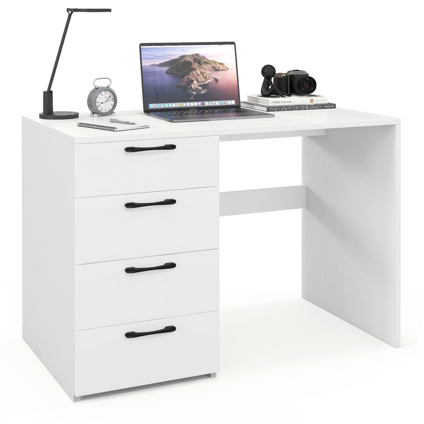 IFANNY White Computer Desk, 43.5’’ Writing Desk with 4 Large Drawers, Modern Executive Desk, Wood Vanity Table with Storage, Student Desk for - WoodArtSupply