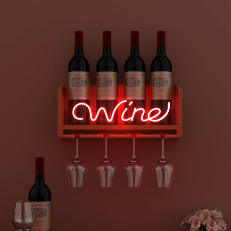 CoolGift Mart Light Up Wine Rack with Glass Holder Wall Mount, Wooden Wine Bottle Holder with Wine Neon Sign, Wall Decor, Gift for Wine Lovers Collectors CoolGift Mart