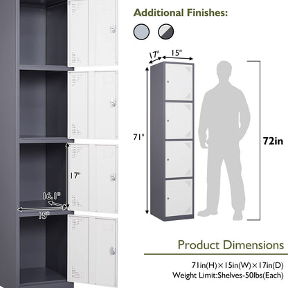 Metal Storage Lockers Cabinet - 71" Large Locker for Employees with 4 Doors - 4 Tier Steel Lockers for Kids Bedroom, Gym, School, Office, Garage (4 Doors, White Grey)