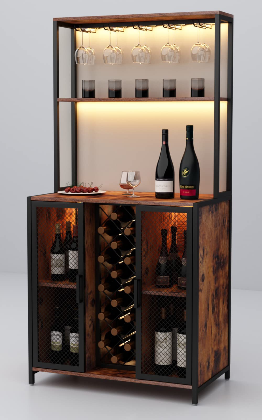 Loomie Wine Bar Cabinet with LED Lights, 5-Tier Industrial Coffee Bar, Buffet Sideboard with Adjustable Shelves, Kitchen Bar Table with Wine Rack Storage and Glass Slots for Liquor and Glasses,Rustic