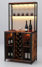 Loomie 5-Tier Rustic Wine Bar Cabinet with LED Lights & Adjustable Shelves Loomie