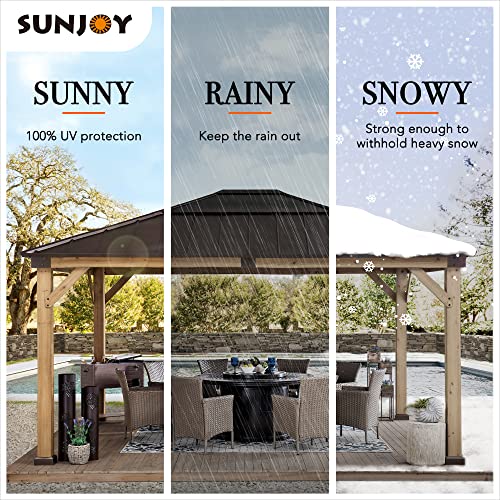 Sunjoy Hardtop Gazebo 13 x 15 ft. Upgrade Cedar Framed Wood Gazebo with Brown Steel and Polycarbonate Hip Roof Hardtop for Garden, Backyard Shade, Brown Roof + Natural Wood Frame Sunjoy