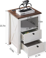 TrustKare Farmhouse Nightstand, White Nightstand with Charging Station and LED Lighting, Wood End Table with 2 Drawers, Smart Farmhouse Design Bedside Table for Bedroom Living Room TrustKare