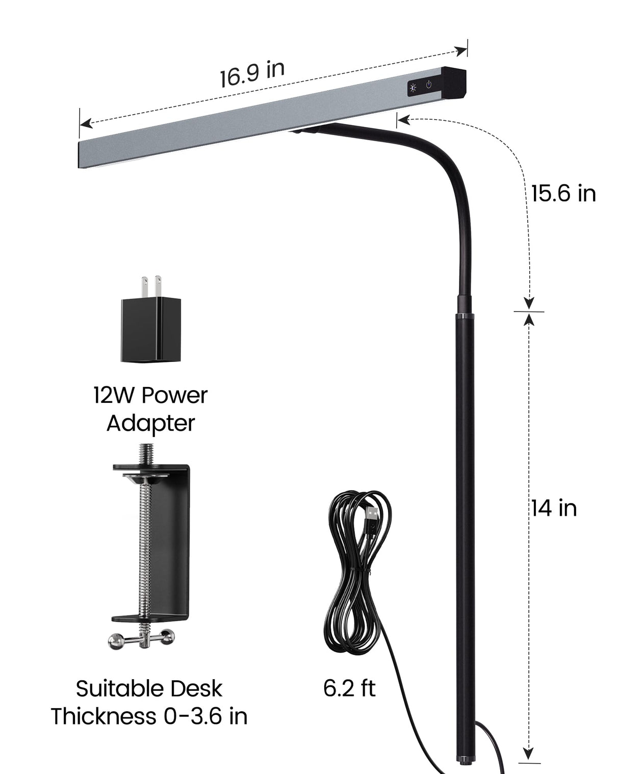 SUPERDANNY LED Desk Lamp for Office Home, Eye-Caring Desk Light with Adjustable Gooseneck, 12W Touch Control Dimmable Brightness, Architect Clamp SUPERDANNY