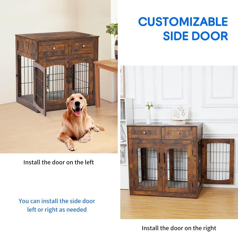 GAOMON Dog Crate Furniture with Cushion,Wooden Dog Kennels Indoor with 2 Drawers,Dog Furniture Crate End Table with Storage GAOMON