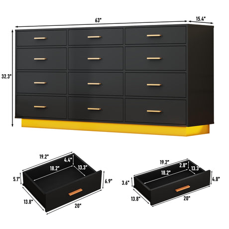 12 Drawers Dresser W/Power Outlets for Bedroom, 63inch Drawer Dressers W/6000 Colors Lights, Wood Tall Dresser Storage Organizer,Black Chest of Drawers for Closet, Hallway, Entryway, Living Room jiteentarou