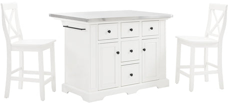 Crosley Furniture Julia Stainless Steel Top Island with Storage, Coffee Bar, and a Set of 2 X-Back Stools, White Crosley Furniture