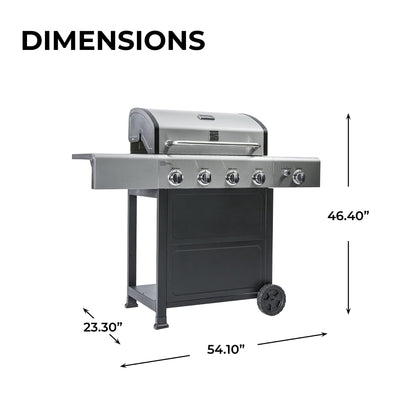 Kenmore 4-Burner BBQ Gas Grill with Side Burner, 53,000 BTUs, Cast Iron Grates, Electronic Ignition, Warming Rack, Open Cart Design, All-Terrain Wheels, Stainless Steel/Black