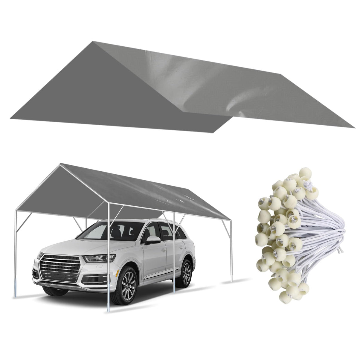 10' x 20' Canopy Replacement Cover for Carport, 220G Heavy Duty Replacement Top Cover for Car Garage, Waterproof & UV Protected Tarp with 48 Ball Bungees (Only Cover, Frame Not Included), Grey Buzleer