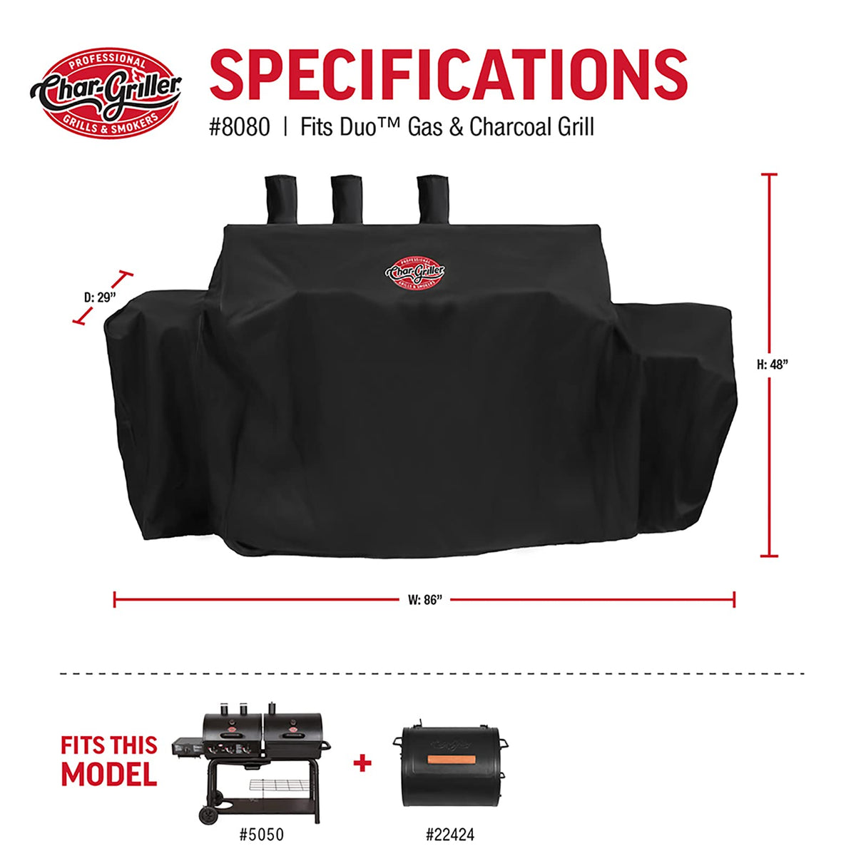 Char-Griller® 3-Burner Dual Fuel Expandable Propane Gas and Charcoal Outdoor Polyester Grill and Smoker Cover in Black, 29in x 65in x 49in, Model 8080 Char-Griller