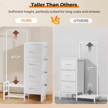 LZNIOZ Dresser with Hanging Rack - 52" Tall Clothes Rack with Drawers, 4 Drawers & 4 Side Bags, Fabric Chest of Drawers with with Bottom Shelves, Kids Dresser for Bedroom, Living Room-White LZNIOZ