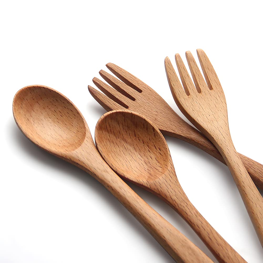 YFWOOD 4-Pieces Natural Wooden Children's Safe Flatware, 2 x Child Forks, 2 x Children Spoons, Kids Utensils Set Hand polishing Anti-slip Portable and ultra light