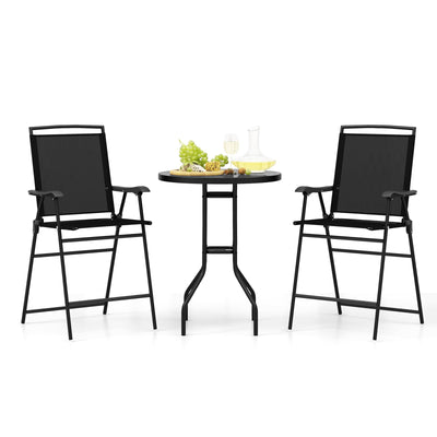COSTWAY 3 PCS Patio Table and Chairs Set, Bistro Furniture with DPC Tabletop, Umbrella Hole, Outdoor Bar Set with Round Table and 2 Folding Counter Height Chairs for Poolside, Deck, Porch, Black