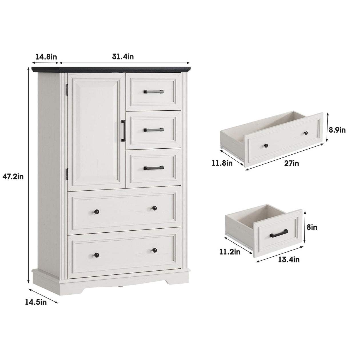 Maupvit Farmhouse 5 Drawer Dresser for Bedroom, 31.5" Tall Wood Chest of Drawers Storage Cabinet with Metal Handle for Living Room, White Maupvit