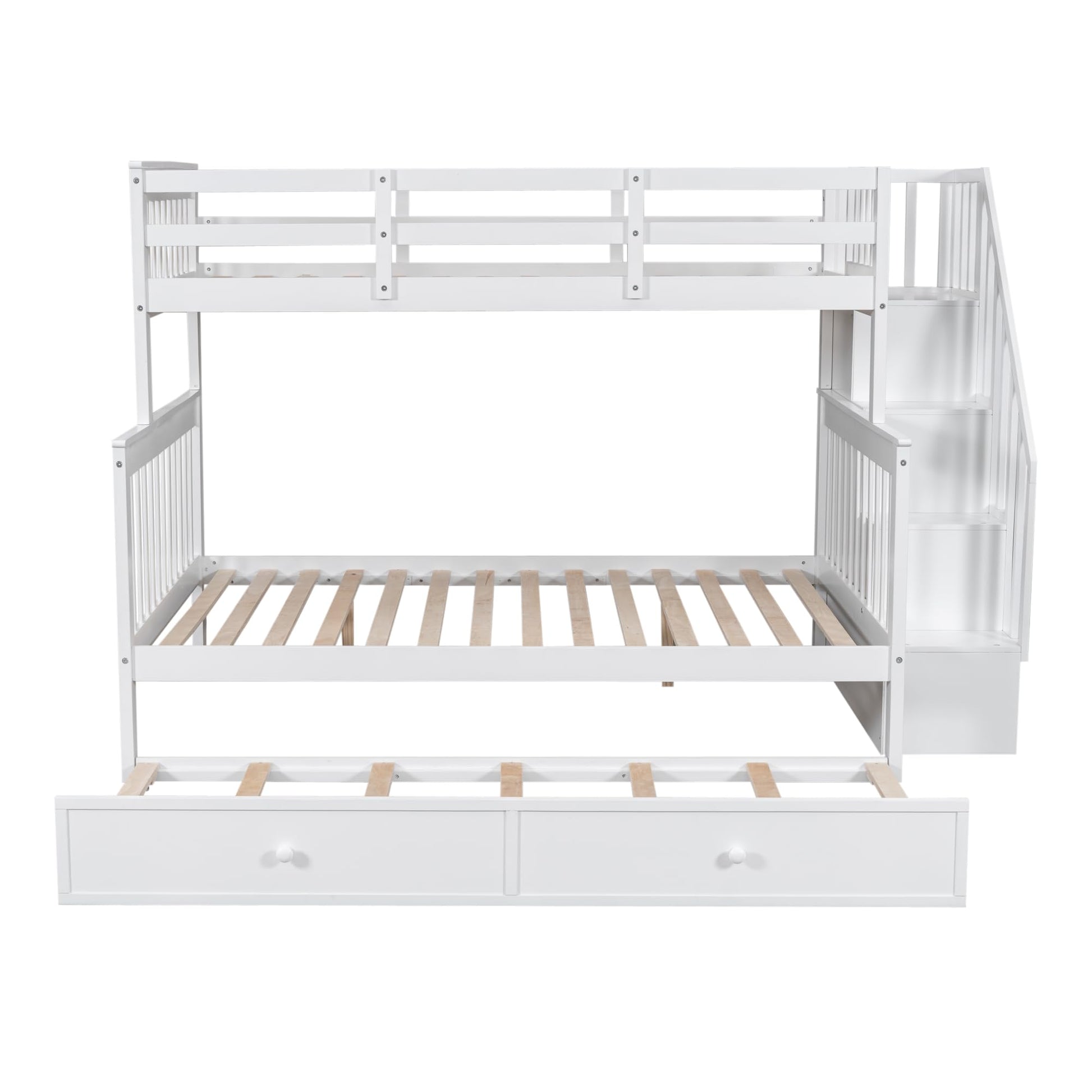 Stairway Twin Over Full Bunk Bed with Trundle and Storage Shelves in White by Harper & Bright Designs - WoodArtSupply