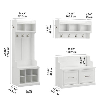 Bush Furniture Woodland Full Entryway Storage Set with Coat Rack and Shoe Bench with Doors | Mudroom Organizer for Footwear, Clothing, White Ash - WoodArtSupply