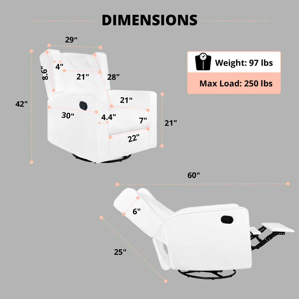 Naomi Home Odelia Swivel Rocker Recliner Glider, Bright White - Ergonomic Nursing Chair with Footrest for Soothing Comfort in Compact Spaces Naomi Home