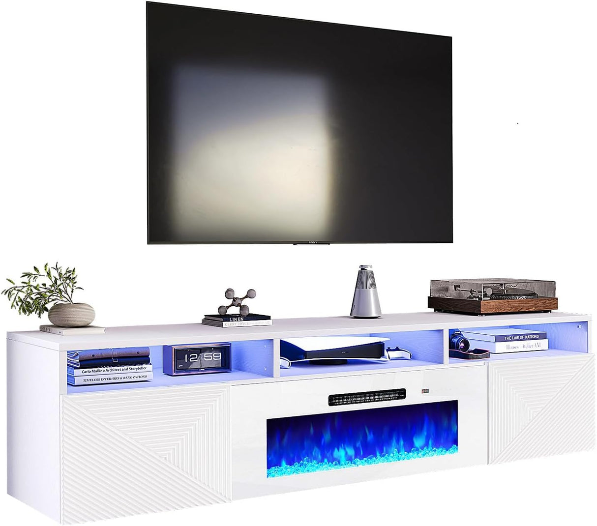 AMERLIFE 70in Floating Fireplace TV Stand with 36" Electric Fireplace and LED Lights, Wall Mounted Entertainment Center with Storage, Modern Media Console for TVs Up to 80", White AMERLIFE
