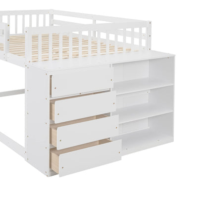 White Full Over Full Bunk Beds with Storage, Wooden Floor Bunk Beds with 4 Drawers & 3 Shelves, Low Bunk Bed Frame with Movable Cabinets, Full Loft Bed for Kids, Girls Boys, Teens, Adults