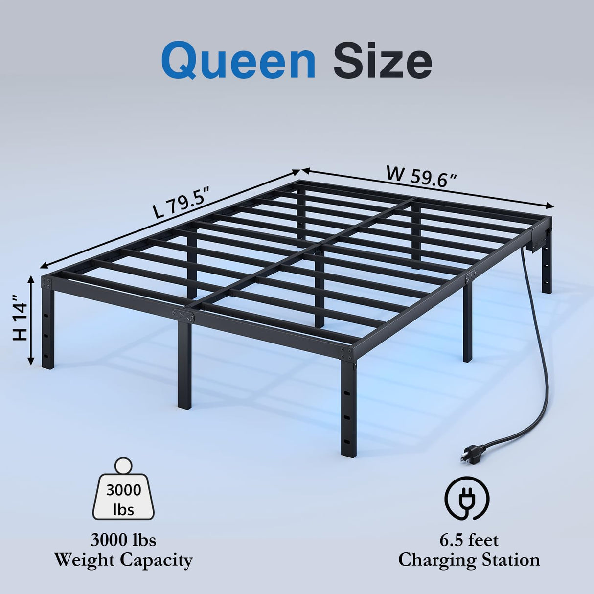 HAVONIZD Queen Bed Frame with LED Lights & Charging Station - 14 Inch Heavy Duty Metal Platform Bed Frame No Box Spring Needed, Easy Assembly, No Noise HAVONIZD
