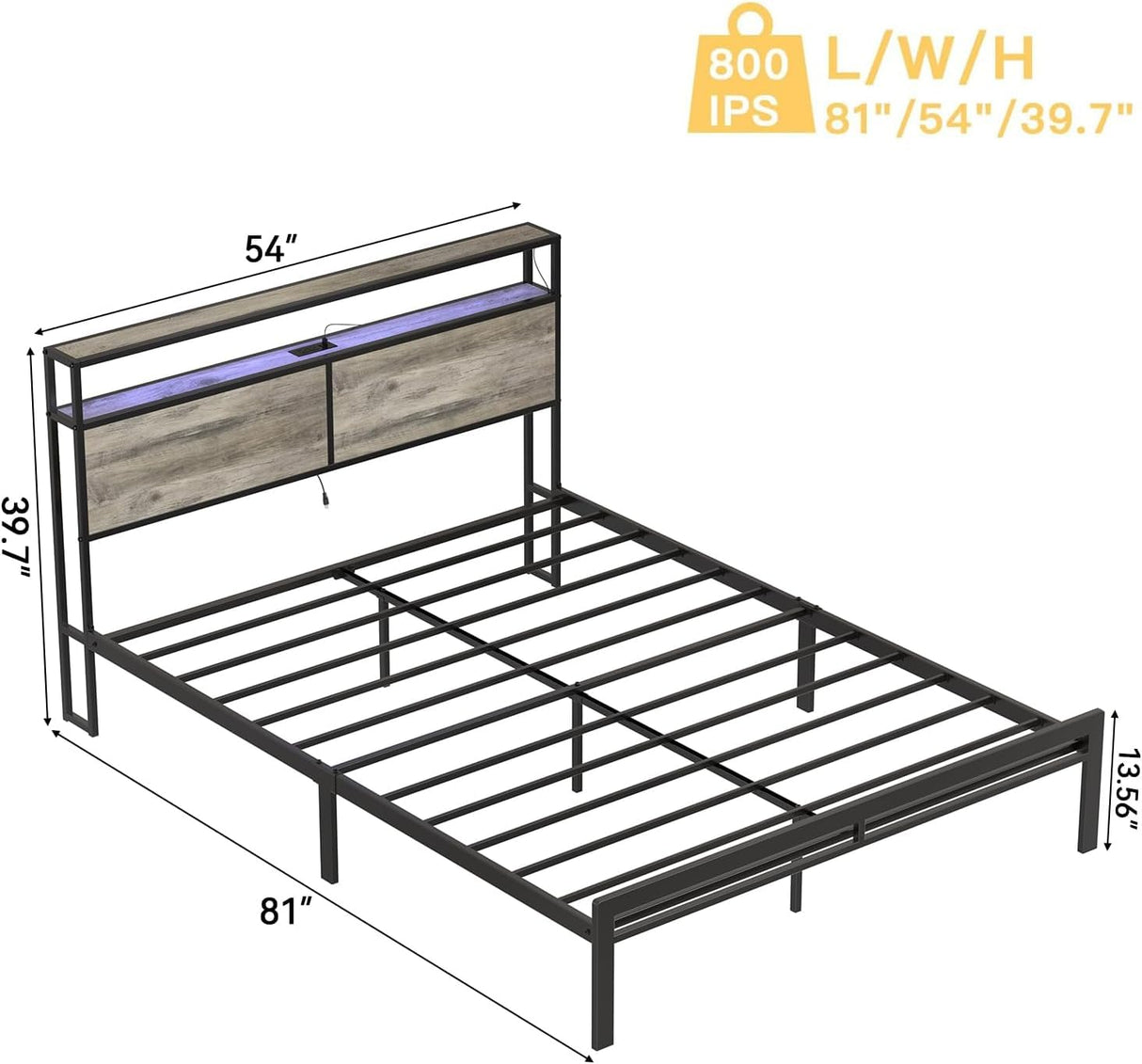 HAUSOURCE Full Bed Frame with Storage Headboard Metal Platform Bed with LED Lights, USB Ports Outlets, Non-Slip, Noise-Free, Strong Metal Slats Support No Box Spring Needed HAUSOURCE
