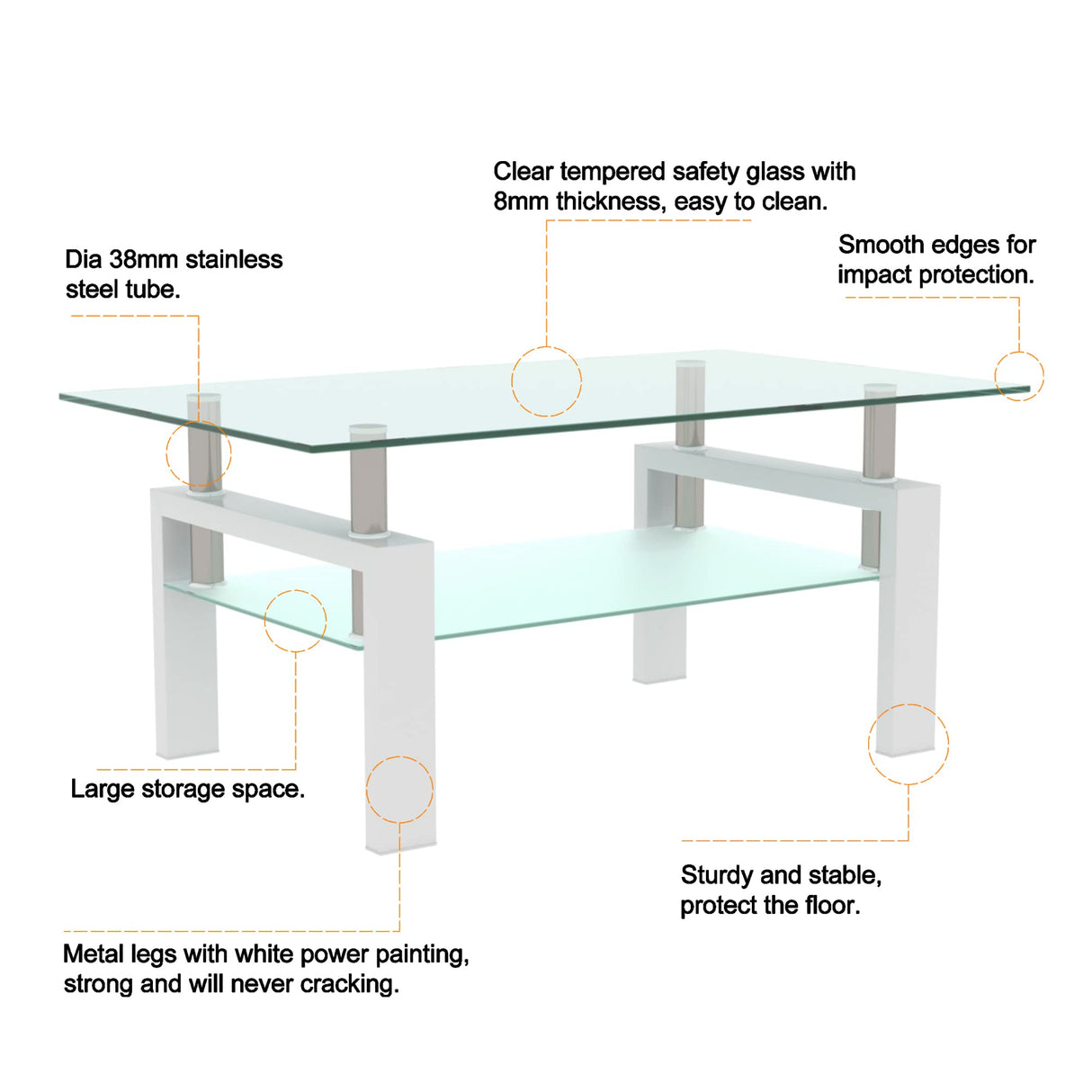 Glass Coffee Table for Living Room, Modern Coffee Table with Transparent Tempered Glass Top and White Metal Legs, Rectangle Tea Table for Home Meihua