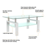 Glass Coffee Table for Living Room, Modern Coffee Table with Transparent Tempered Glass Top and White Metal Legs, Rectangle Tea Table for Home Meihua