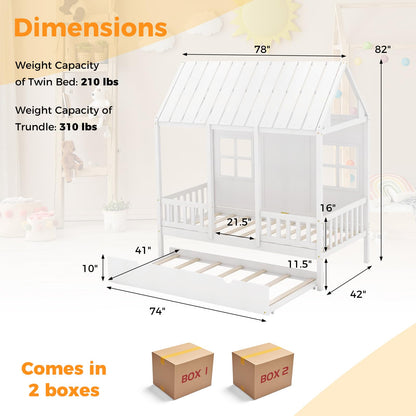 KOMFOTT Twin Size House Bed with Trundle - Playful Wood Bed Frame for Kids with Roof and Fence in White - WoodArtSupply