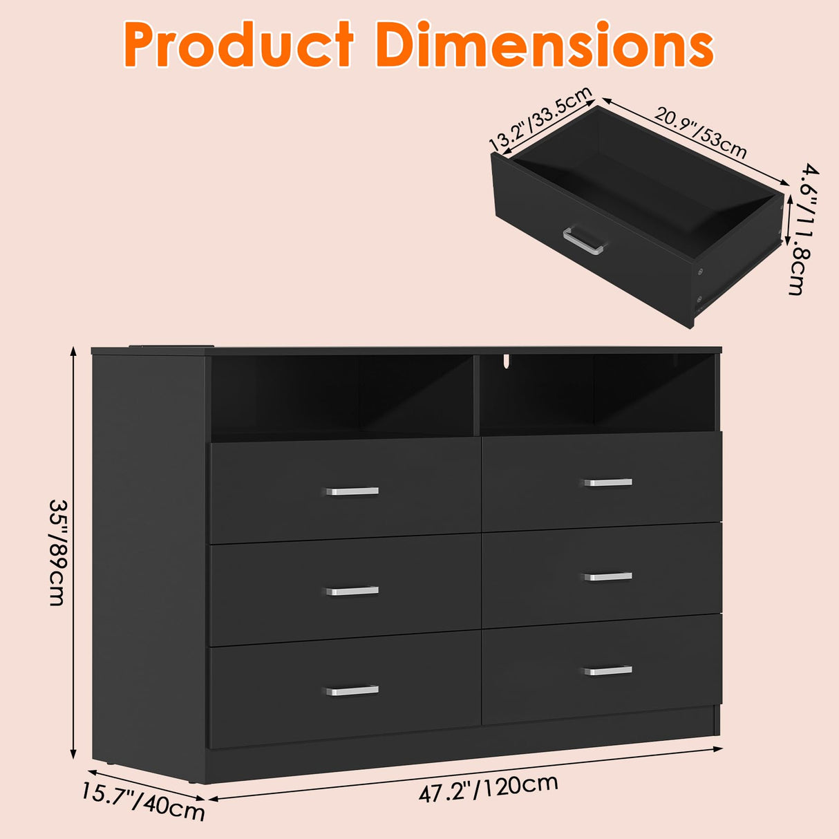 Bigbiglife Dresser for Bedroom, 6 Drawer Dresser with Charging Station and Led Light, Modern Chest of Drawers for Bedroom, Living Room,Black Bigbiglife