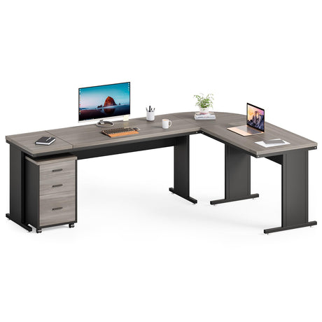 LITTLE TREE 82.67" Long Executive Desk with Drawers, Large L-Shaped Office Desk with Mobile File Cabinet, Farmhouse Computer Office Furniture Work Desk with Storage for Home Office, Gray LITTLE TREE