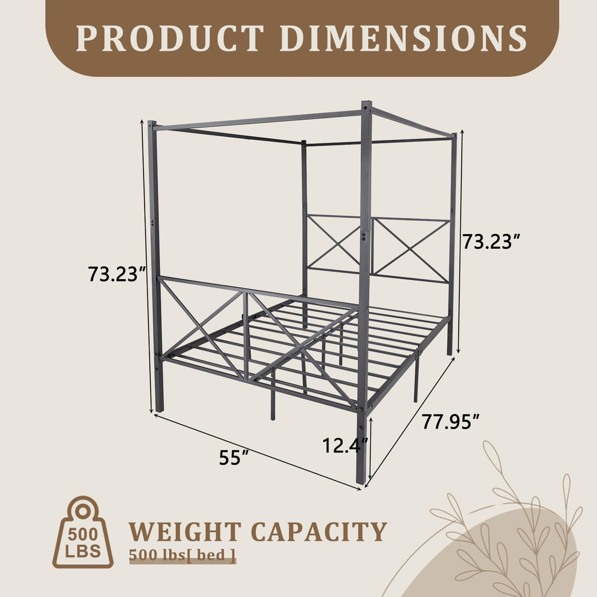 Full Canopy Bed Frame, Metal Canopy Beds with 4 Poster Design and Geometric Accented Headboard and Footboard, No Box Spring Needed, Underbed Storage Space HomJoones