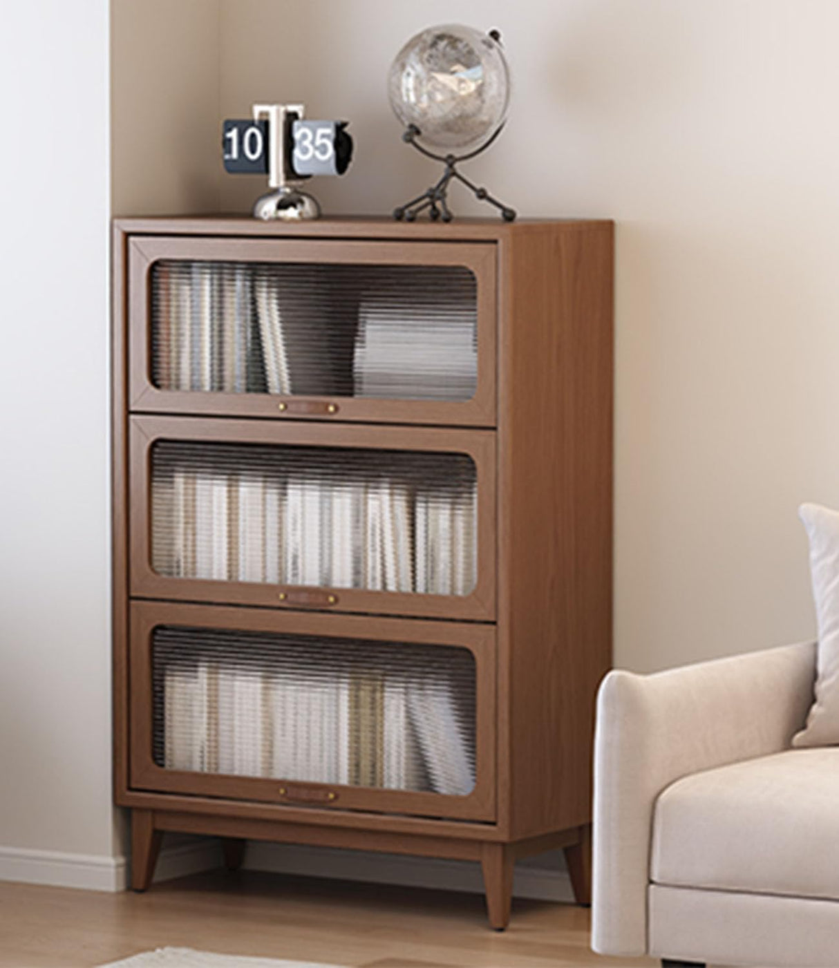 3 tier solid wood book case with corrugated tempered glass doors, dusty wooden bookshelf dark brown Flip-Up Glass Front Doors book cases/shelves for home office room with installation tool AnywaysWood
