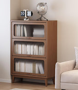 3 tier solid wood book case with corrugated tempered glass doors, dusty wooden bookshelf dark brown Flip-Up Glass Front Doors book cases/shelves for home office room with installation tool AnywaysWood
