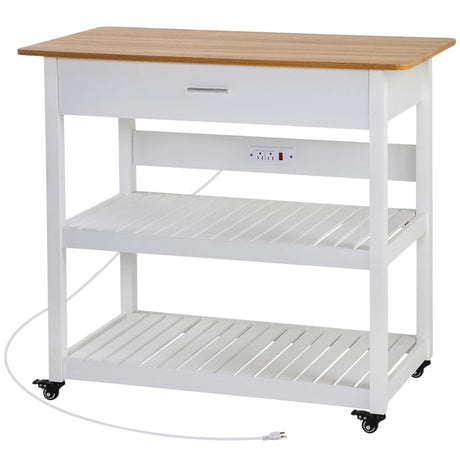 VECELO 40" Width Kitchen Island Cart on Wheels, 3 Tiers Kitchen Cart with Power Strip & Drawer, 2 Spacious Storage Shelf, Easy to Clean, White VECELO