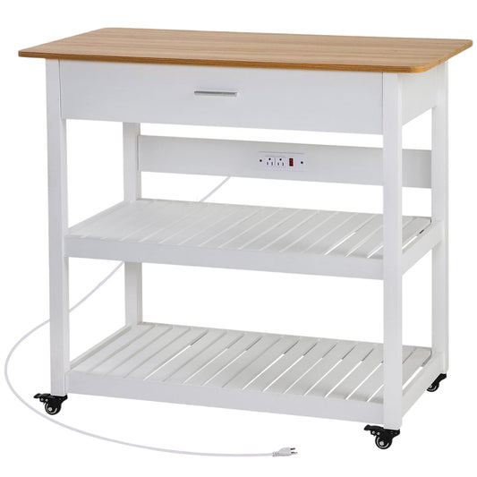 VECELO 40" Width Kitchen Island Cart on Wheels, 3 Tiers Kitchen Cart with Power Strip & Drawer, 2 Spacious Storage Shelf, Easy to Clean, White