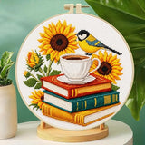 Zhenqing Sunflower Bird & Books Cross Stitch Kit with 11CT Printed Fabric 24x24cm - Includes Hoop, Pre-Sorted Threads, Needles, Instructions
