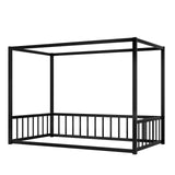 Bellemave Canopy Floor Bed with 4 Posters, Metal Full Size Montessori Floor Bed with High Fence, Anti Bump Design, Easy Assemble Montessori Beds(Full Black) Bellemave