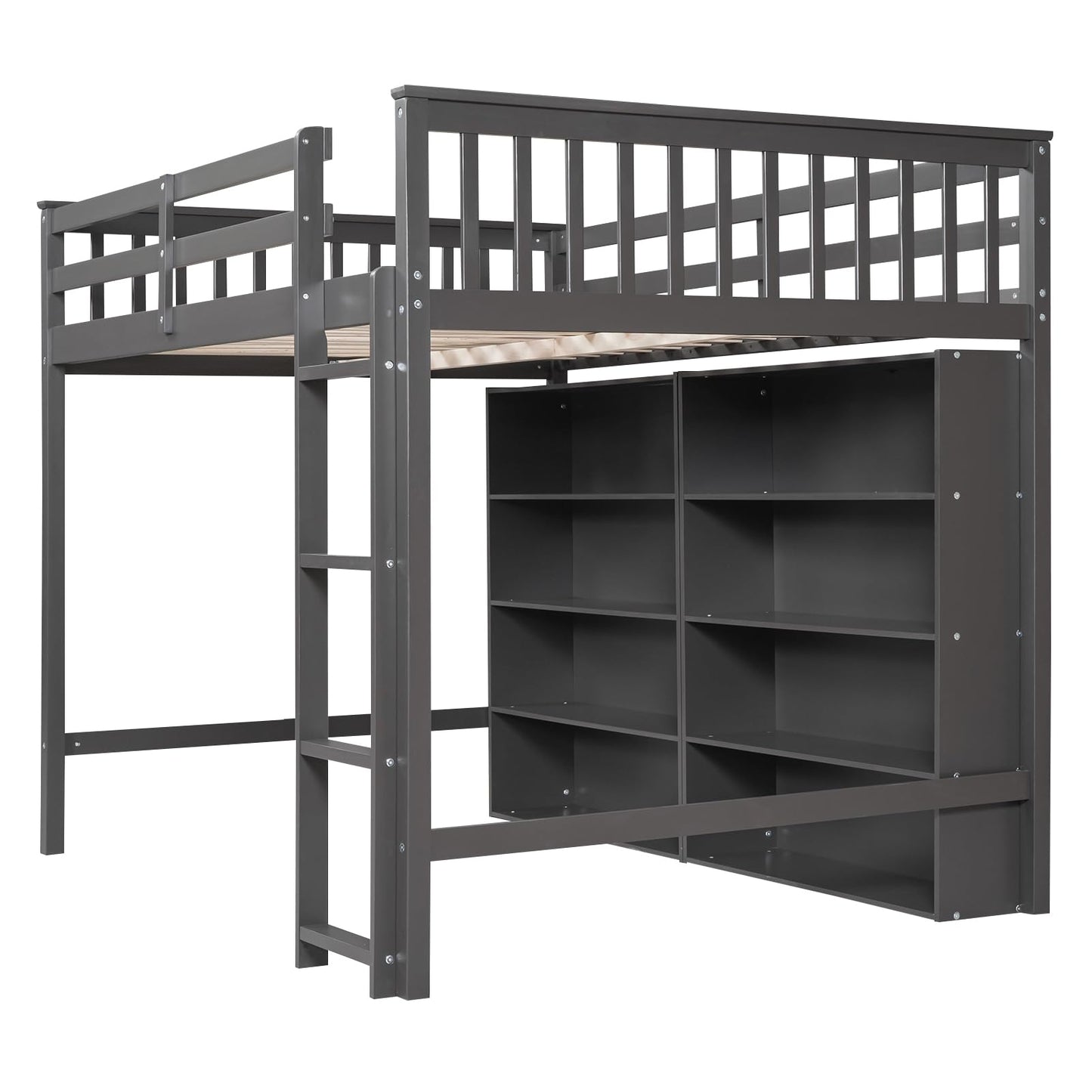 Harper & Bright Designs Gray Full Size Loft Bed with Storage Shelves and Built-in Ladder - WoodArtSupply