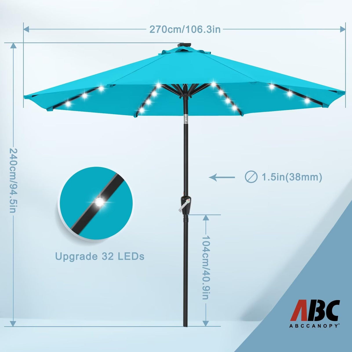 ABCCANOPY Durable Solar Led Patio Umbrellas with 32LED Lights 9FT (Turquoise) ABCCANOPY